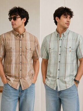Carhartt Bundle Of 2 100% Cotton Plaid Shirt Sage Green And Tan Size 2XL. Work
